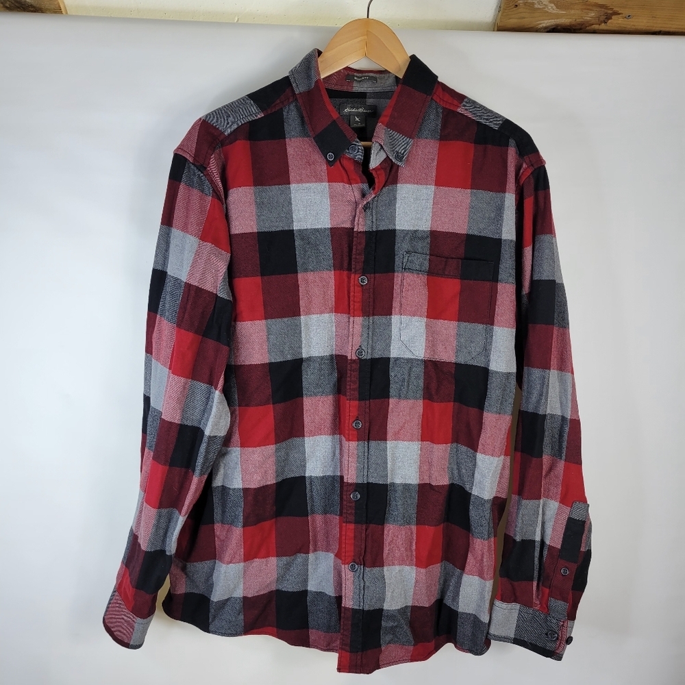 Mens Eddie Bauer Plaid Flannel Red Black Cotton Button Front Shirt Size Large